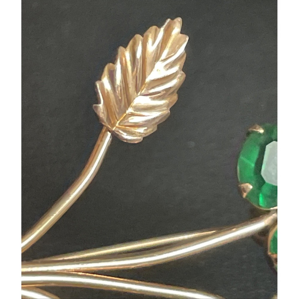 CORO Sterling Floral Brooch Rose Gold Tone Green Rhinestone Pin Delicate Vintage - Picture 5 of 9